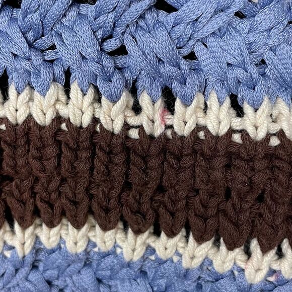 Zara Crochet Sweater Stripe Knit Short Sleeve Hooded V Neck Top Tan Blue Small - Picture 10 of 10